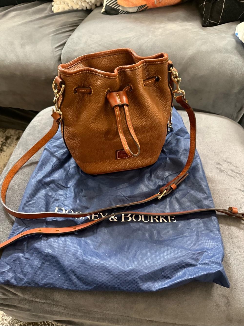 Dooney & Bourke Cognac Pebbled Leather Drawstring Crossbody Bucket Bag